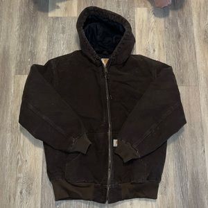 brown fleece lined hooded Carhartt coat size large 12/14